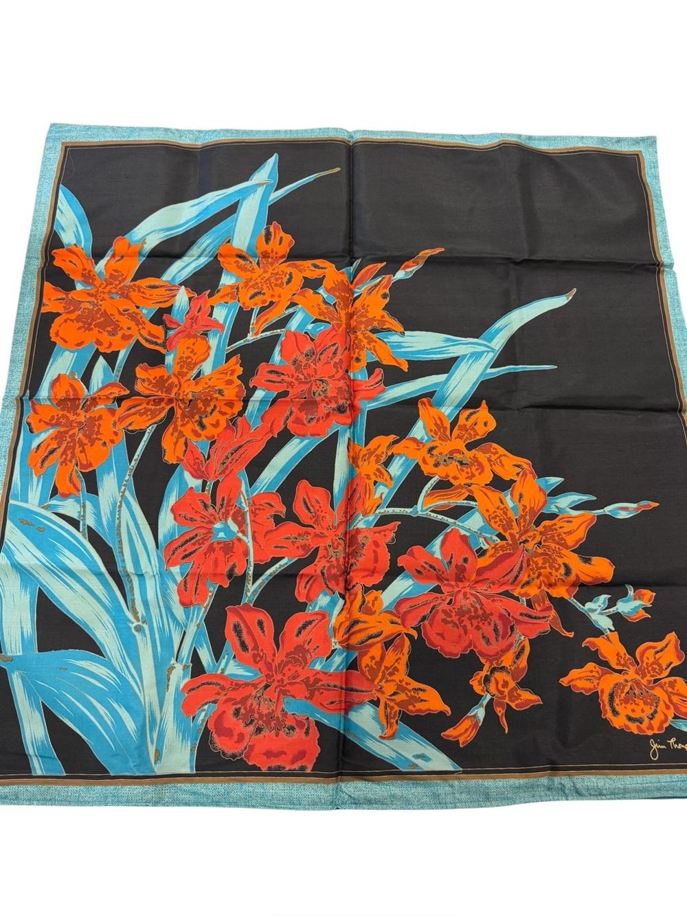 Jim Thompson Thai Silk Orchid Floral Pillow Cover Black Orange Blue 31x31